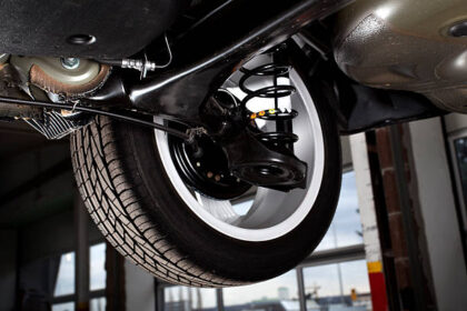Shock absorbers and rear tire of a modern car, low-angle view